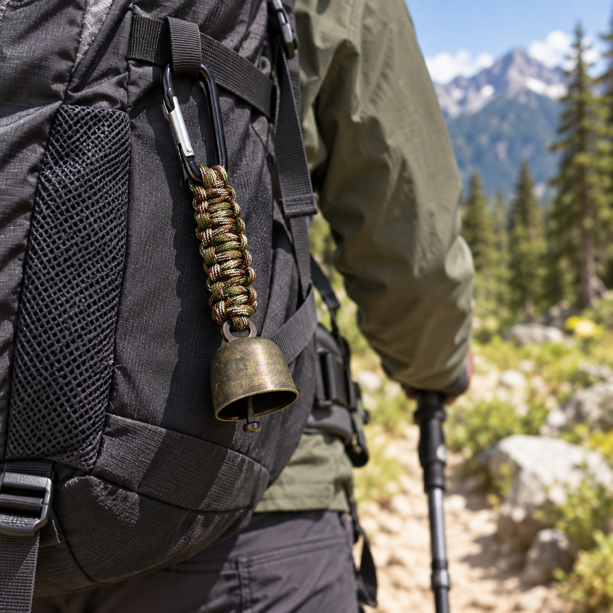 Outdoor Camping Warning Bell with Paracord Carabiner – Hiking Survival Keychain & Backpack Safety Bell