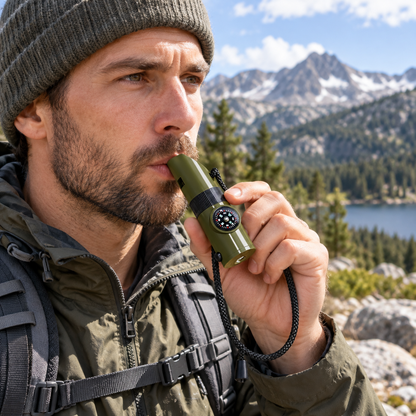 7-in-1 Outdoor Survival Whistle with Compass, Flashlight, Magnifier & Thermometer