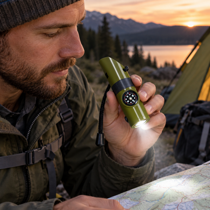 7-in-1 Outdoor Survival Whistle with Compass, Flashlight, Magnifier & Thermometer