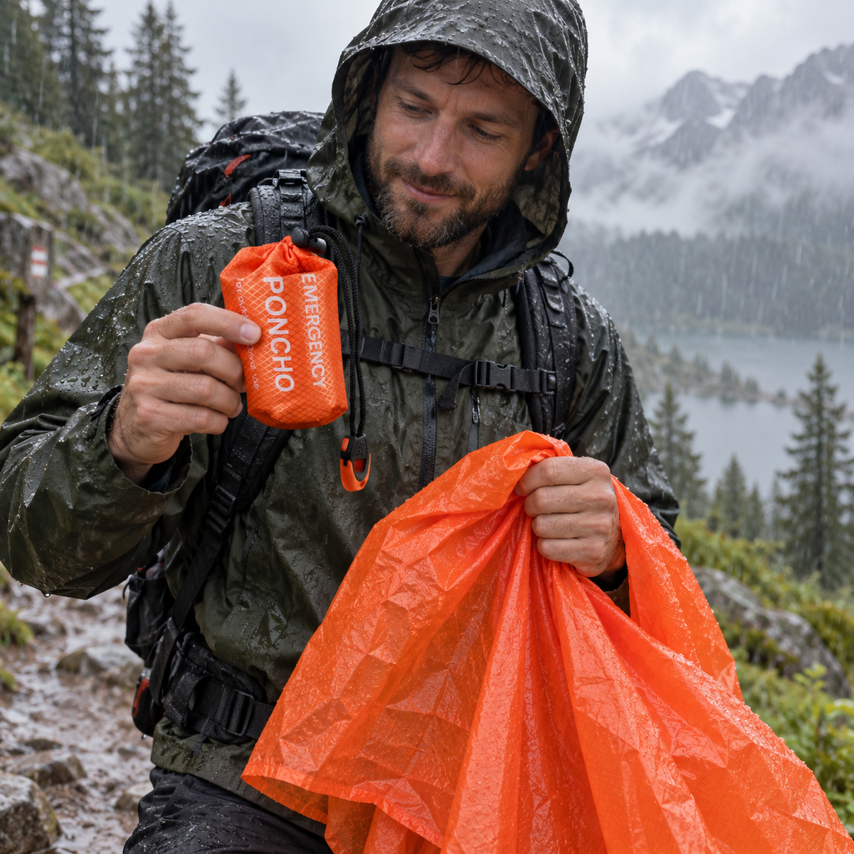 Portable Emergency Rain Poncho for Camping, Hiking & Outdoor Survival