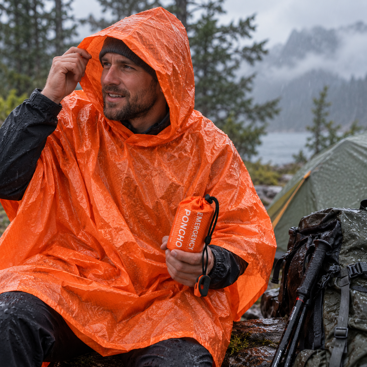 Portable Emergency Rain Poncho for Camping, Hiking & Outdoor Survival